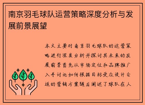 南京羽毛球队运营策略深度分析与发展前景展望